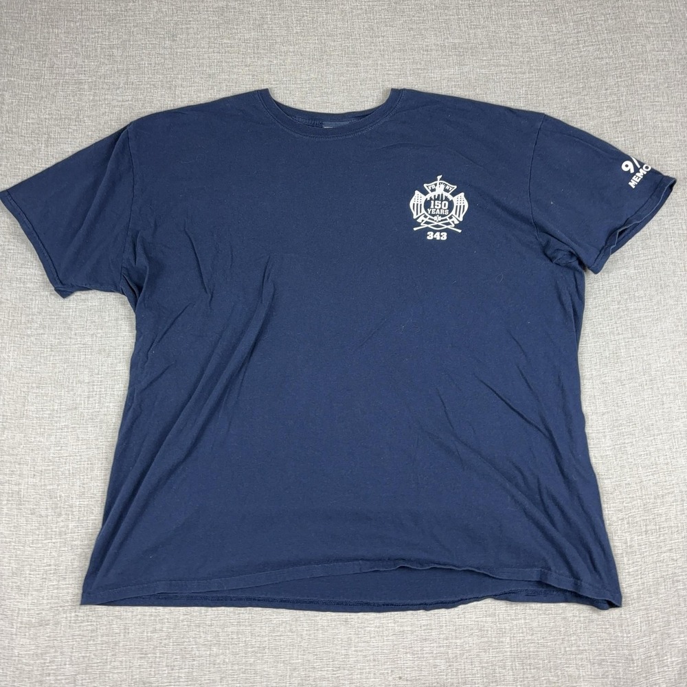 FDNY Shirt Mens XL Blue Crewneck Graphic Tee Jersey Logo 150 Years Back 343
